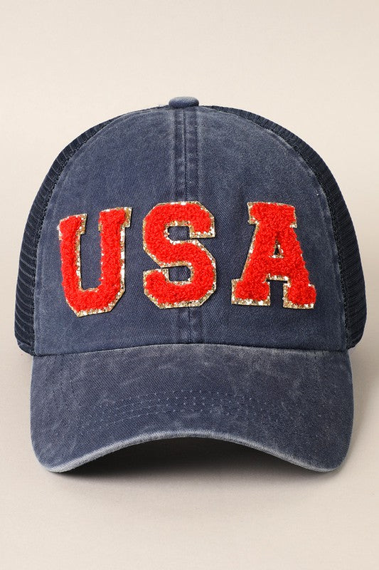 USA Chenille Glitter Letter Hat - Navy Blue