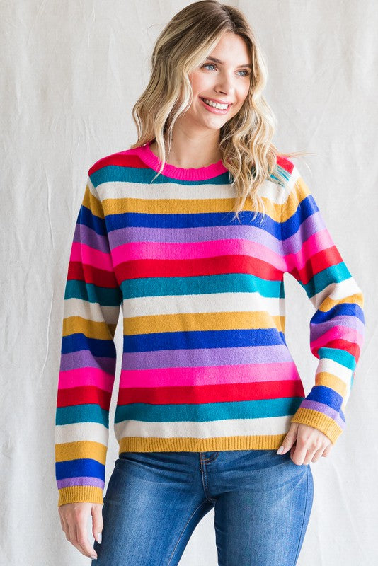 Hot Pink Mix Striped Knit Pullover Sweater