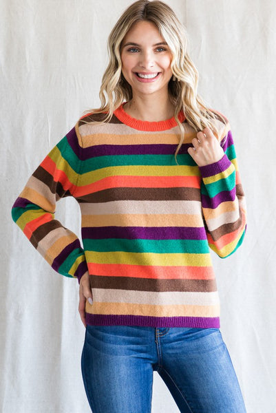 Orange Mix Striped Knit Pullover Sweater