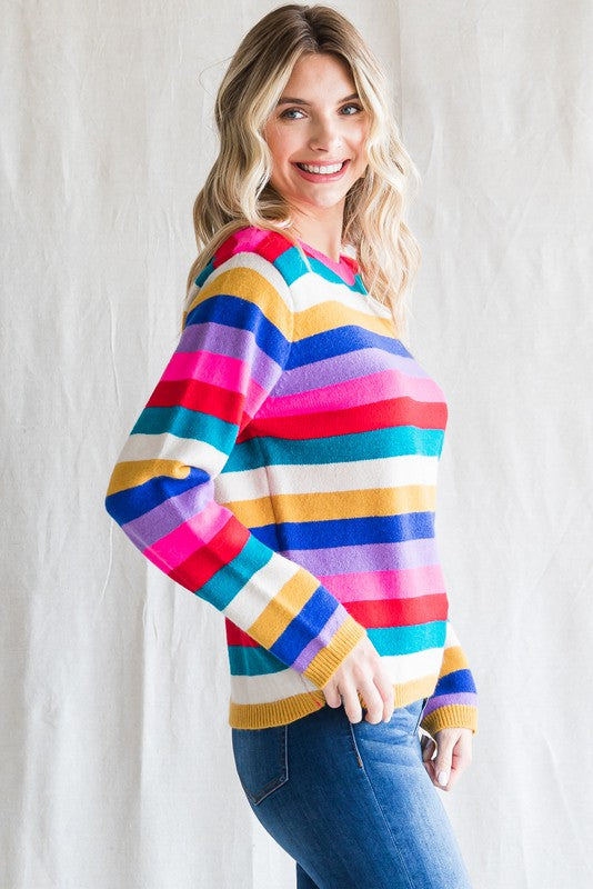 Hot Pink Mix Striped Knit Pullover Sweater