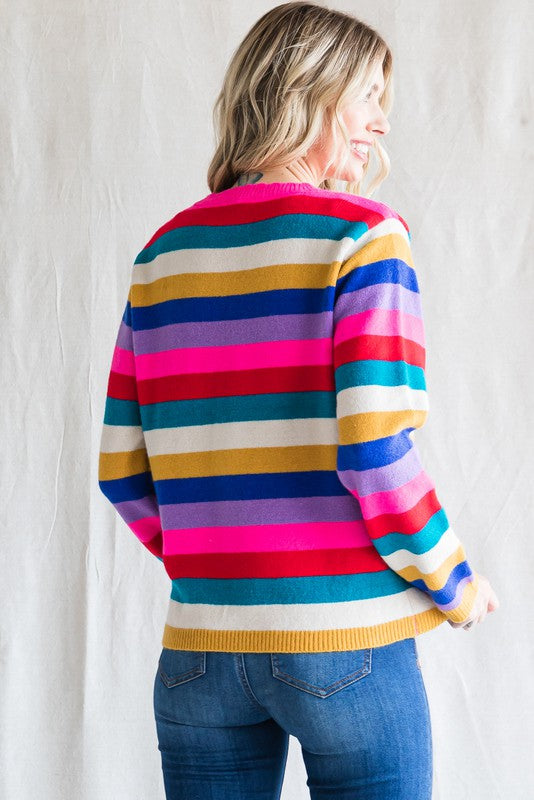 Hot Pink Mix Striped Knit Pullover Sweater