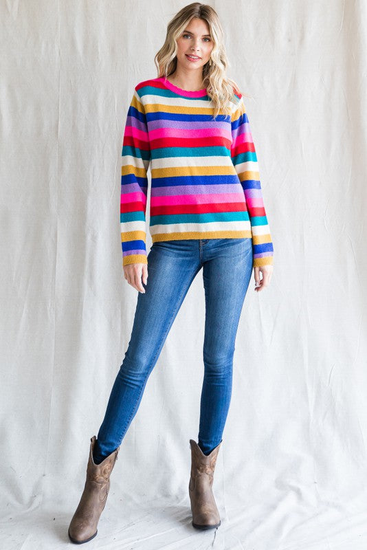 Hot Pink Mix Striped Knit Pullover Sweater