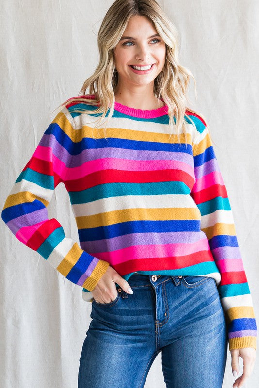 Hot Pink Mix Striped Knit Pullover Sweater