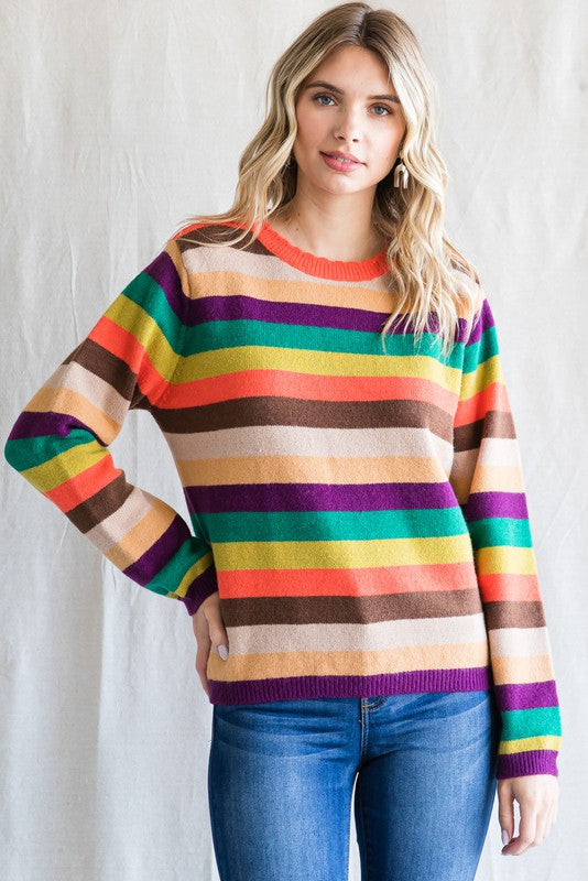 Orange Mix Striped Knit Pullover Sweater