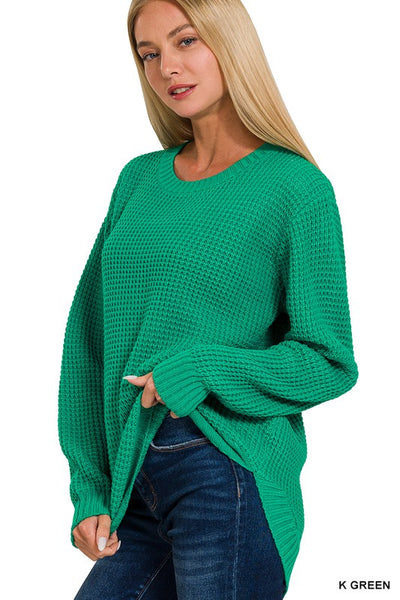 Kelly Green Hi-Low Long Sleeve Waffle Sweater