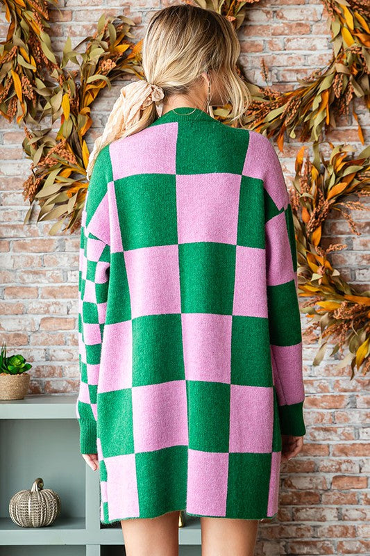 Pink Green Checkered Long Sleeve Cardigan