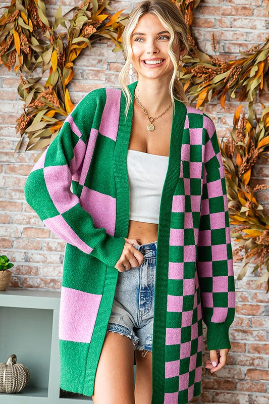 Pink Green Checkered Long Sleeve Cardigan