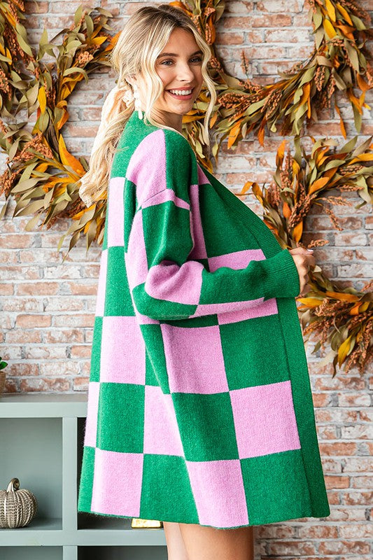 Pink/Green Checkered Long Sleeve Cardigan