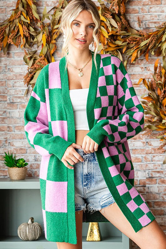 Pink/Green Checkered Long Sleeve Cardigan