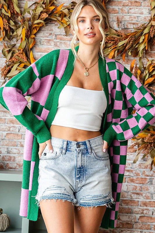 Pink/Green Checkered Long Sleeve Cardigan