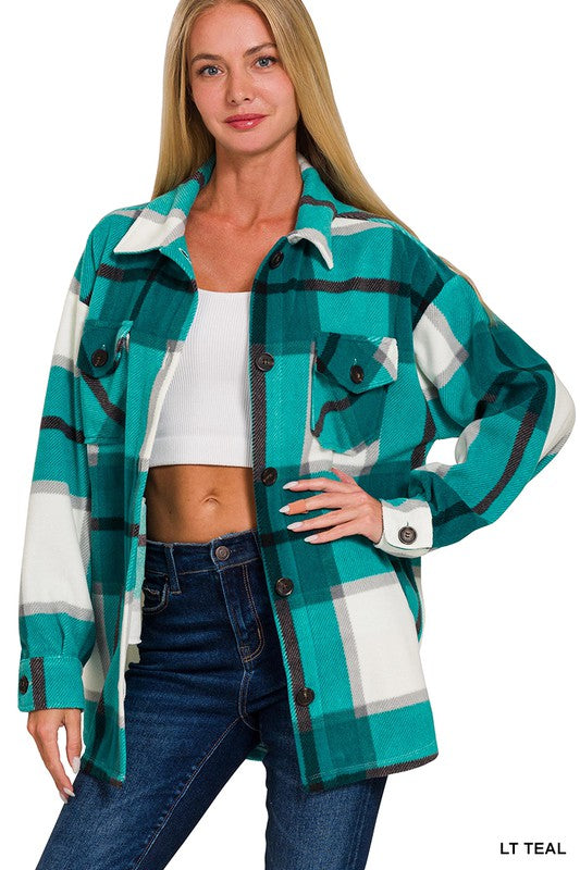 Lt. Teal Oversized Plaid Fleece Shacket