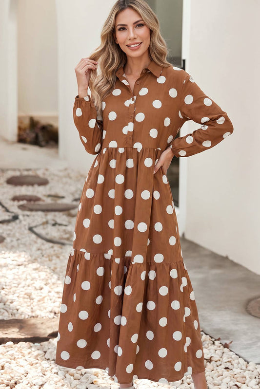 LDC Casual Long Sleeve Polka Dot Pockets Shift Dress : Brown