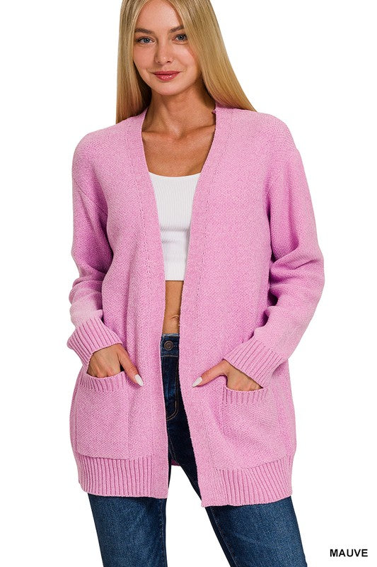 Mauve Melange Open Front Sweater Cardigan