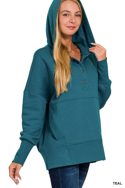 Half Button Teal Hooded Pullover with Kangaroo Pocket