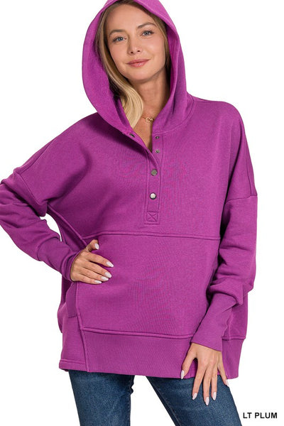 Half Button Plum Hooded Pullover with Kangaroo Pocket