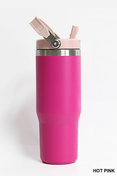 Hot Pink 30 Oz. Stainless Steel Flip Straw Tumbler with Carry Handle