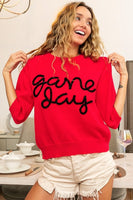 Game Day Metallic Letter Puff short sleeve sweater - Red/Black