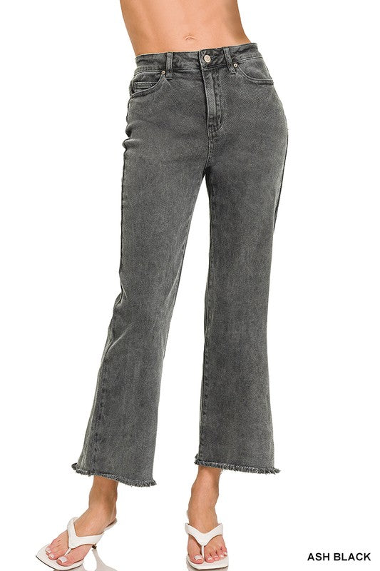 Zenana Acid Washed High Waist Frayed Hem Bootcut Pants - Ash Black