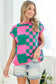 Green & Pink Checker Pattern Drop Shoulder Knitted Top