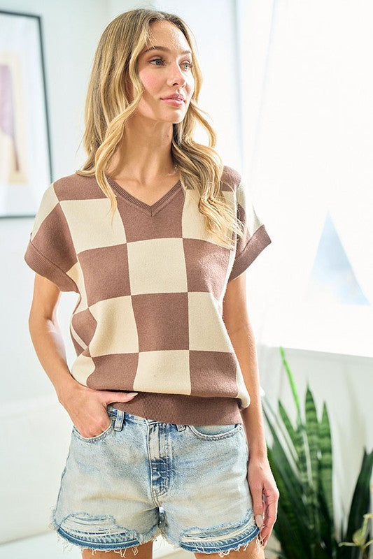 CoCo Check Pattern Drop Shoulder V-Neck Knitted Top