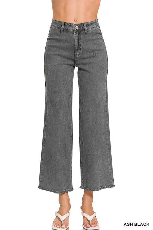 Ash Black Acid Washed Frayed Cutoff Hem Straight Wide Pants