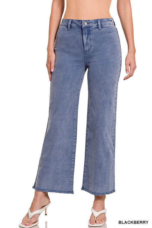 Blackberry Acid Washed Frayed Cutoff Hem Straight Wide Pants