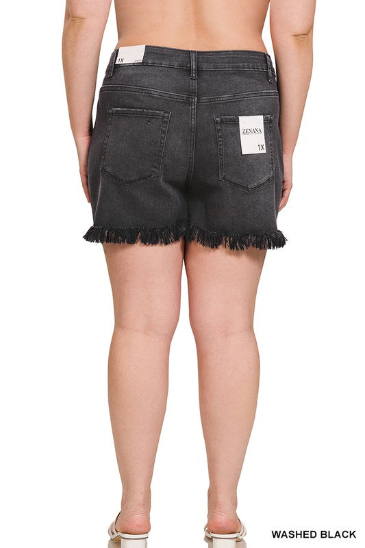 Plus Size Mid Rise Raw Frayed Hem Washed Black Shorts