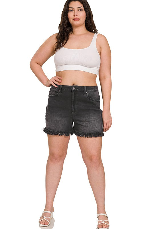 Plus Size Mid Rise Raw Frayed Hem Washed Black Shorts