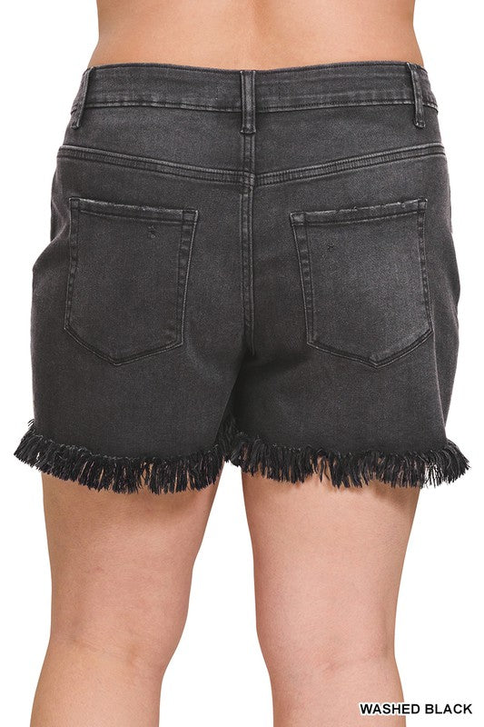 Plus Size Mid Rise Raw Frayed Hem Washed Black Shorts