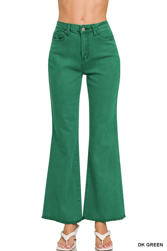 Zenana Acid Washed High Waist Frayed Hem Bootcut Pants- Dark Green