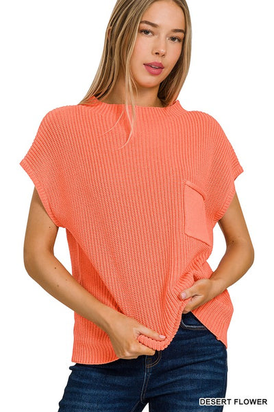 Dessert Flower Orange Mock Neck Short Sleeve Sweater