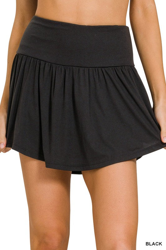 Black Wide Band Tennis Skirt with Zippered Back Pocket