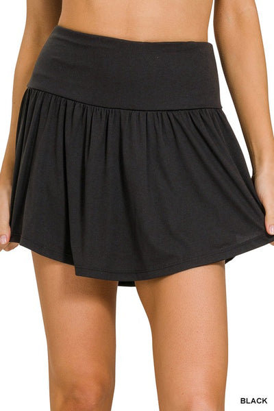 Black Wide Band Tennis Skirt with Zippered Back Pocket