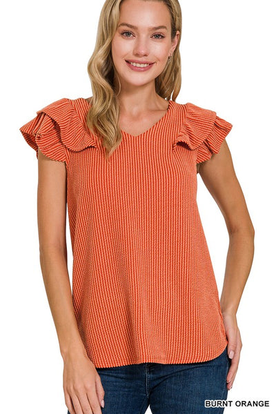 Burnt Orange Ribbed Striped Tiered Ruffle Sleeve Top