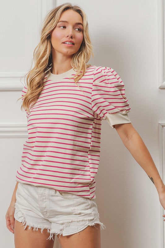 Fuchsia/White Striped top with puff sleeves