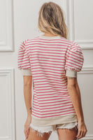 Fuchsia/White Striped top with puff sleeves
