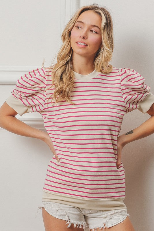 Fuchsia/White Striped top with puff sleeves