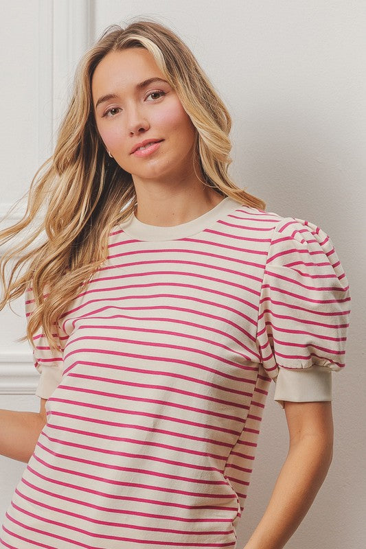 Fuchsia/White Striped top with puff sleeves