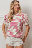 Fuchsia/White Striped top with puff sleeves