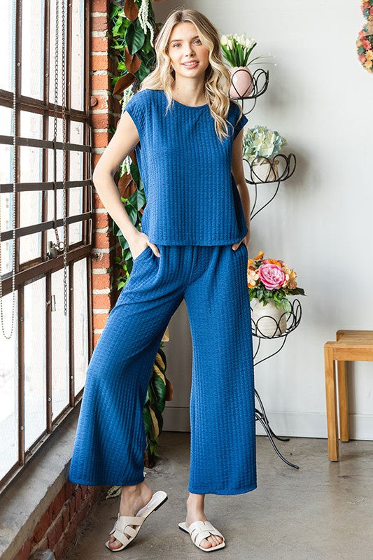 Blue Textured Tie-Back Drop Shoulder Jumpsuit