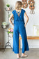 Blue Textured Tie-Back Drop Shoulder Jumpsuit