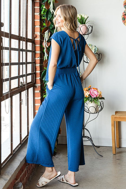 Blue Textured Tie-Back Drop Shoulder Jumpsuit