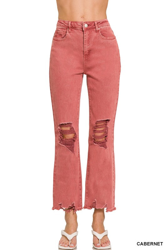 Acid Washed High Waist Distressed Straight Pants - Cabernet