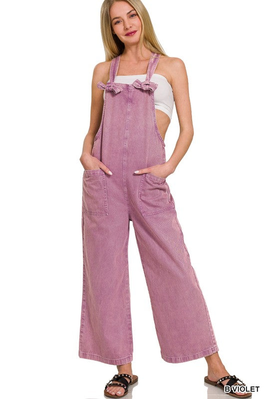 Washed Knot Stap Jumpsuit with Pockets