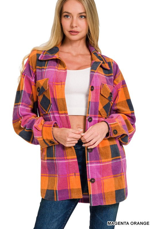 Zenana Magenta/Orange Fleece Shacket with Pockets