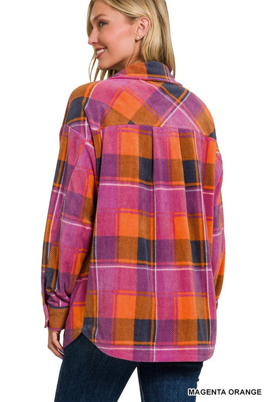 Zenana Magenta/Orange Fleece Shacket with Pockets