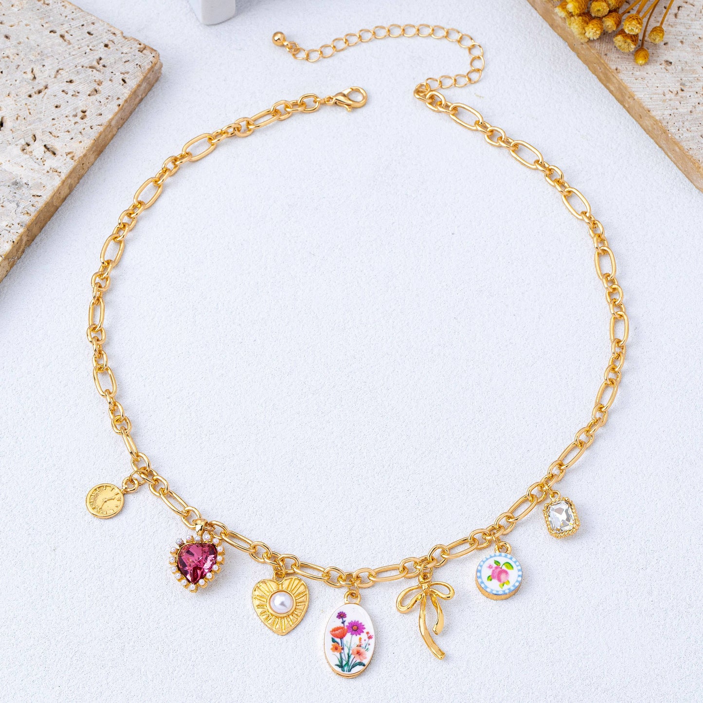 Vintage Bow Porcelain Multi-Charm Link Necklace in Gold
