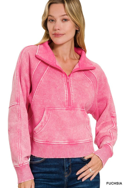 Zenana Long Sleeve Cropped Pullover- Fuchsia