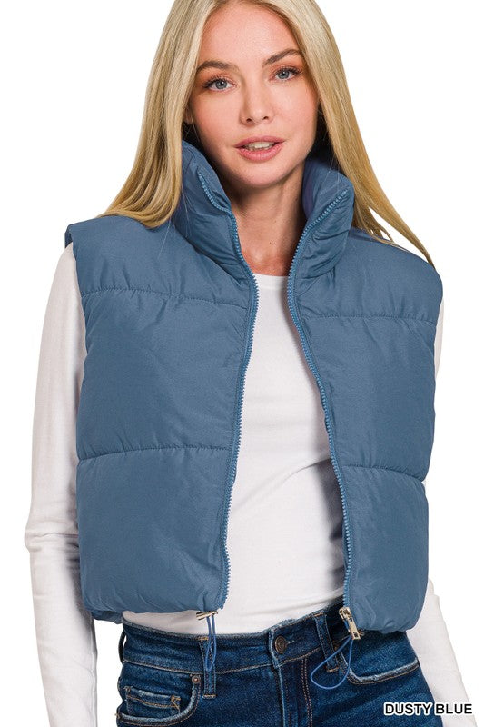 Zenana Cropped Puffer Vest- Dusty Blue