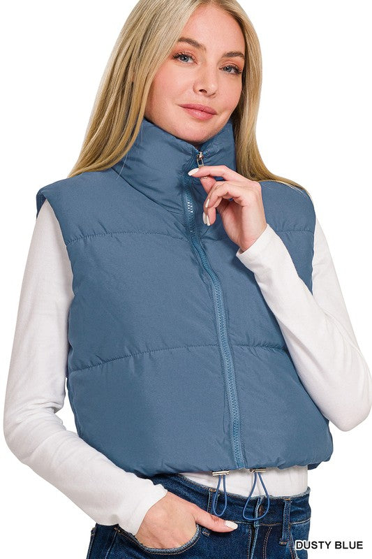 Zenana Cropped Puffer Vest- Dusty Blue